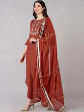 Women Rust Polyester Yoke Design Kurta Trousers With Dupatta 1